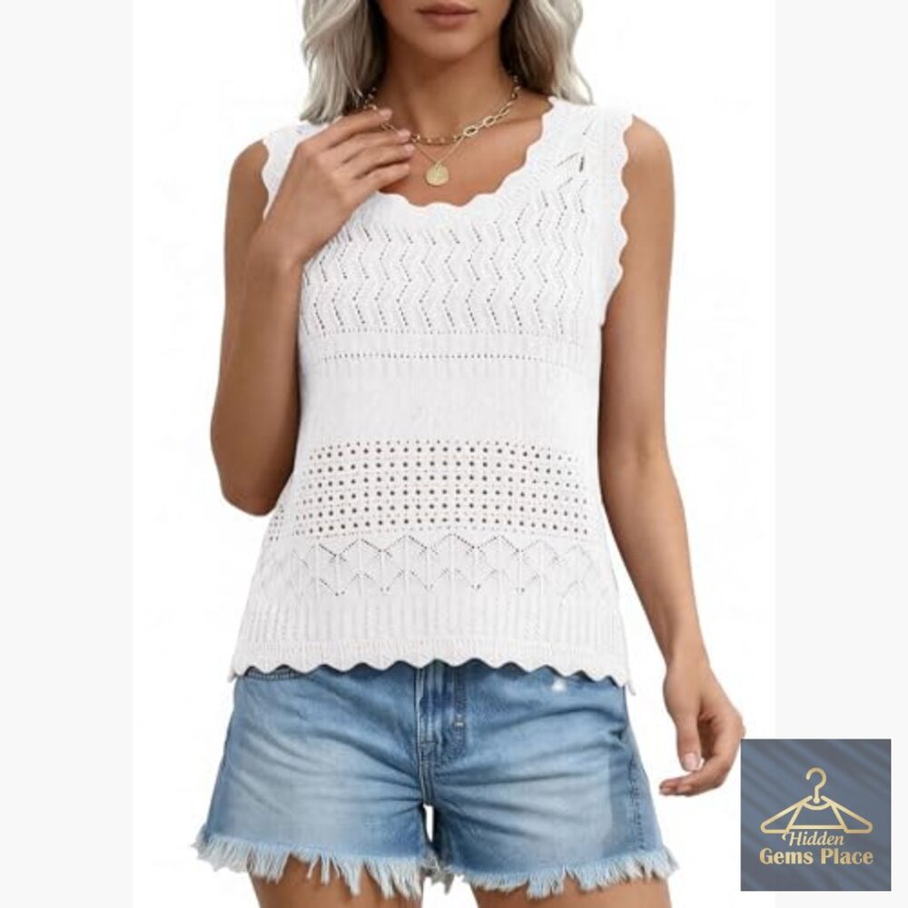 Crochet Tank Top Sleeveless Sweater Vest Boho Beach Vacation Wear - Picture 6 of 7